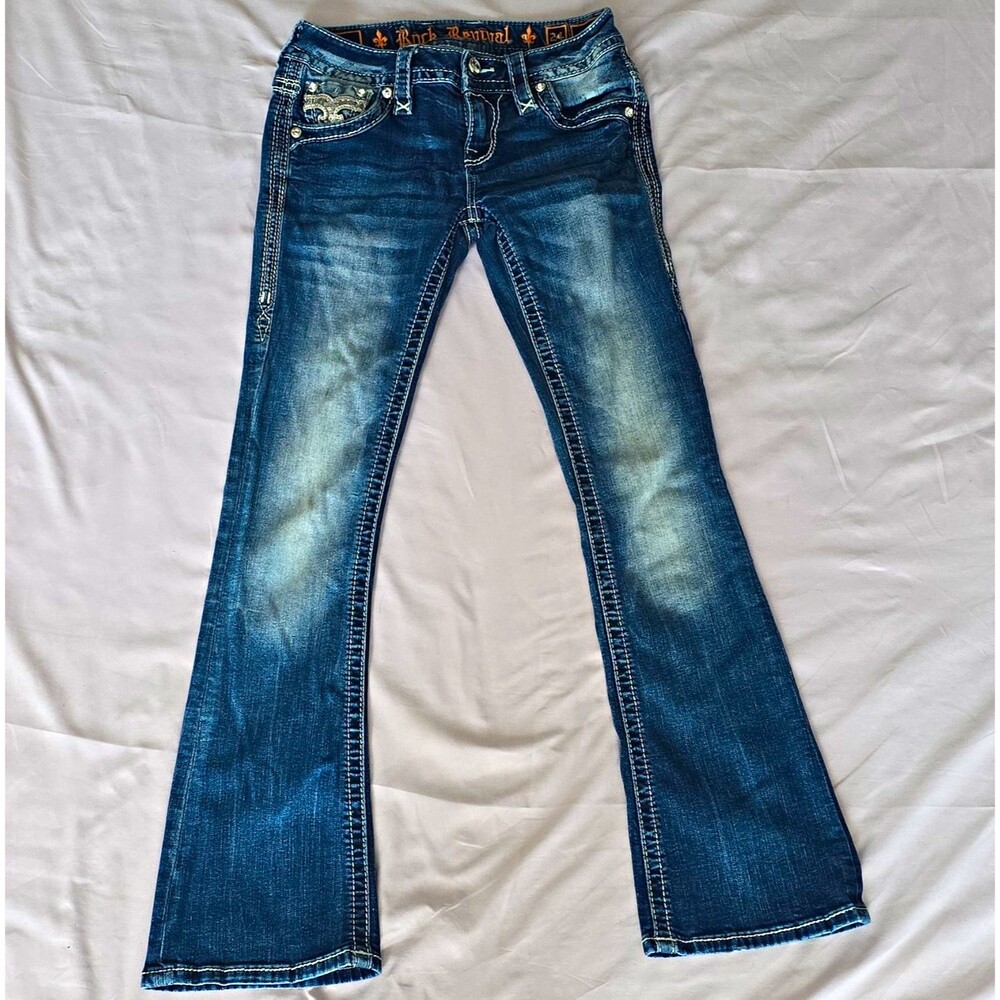 Rock Revival Jeans Womens 24 Bootcut Blue Medium Wash Embellished Pockets Y2K